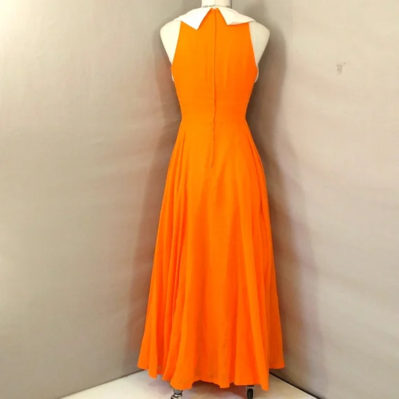 Bright Orange 70s Vintage Maxi Dress Gown Sexy Plunge Neckline Circle Skirt Sz 6
